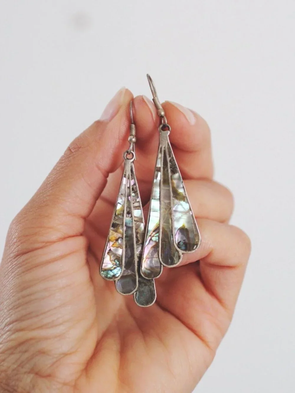 Vintage Alpaca Silver Abalone Shell Dangle Earrings Mexico Art Deco Fairy Wing F